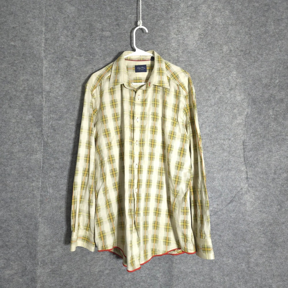 Indigo Palms Plaid Button Down Mens Large Cream Green Orange Cotton Long Sleeve